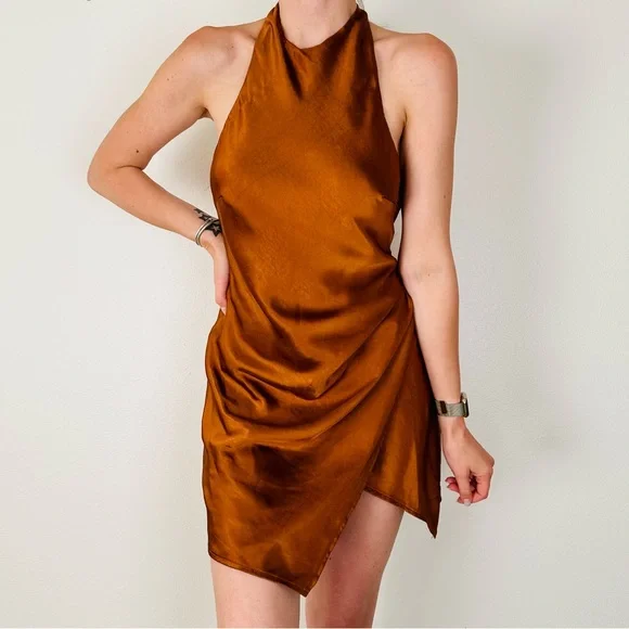 New Hello Molly bronze mini halter dress open back - Picture 1 of 11